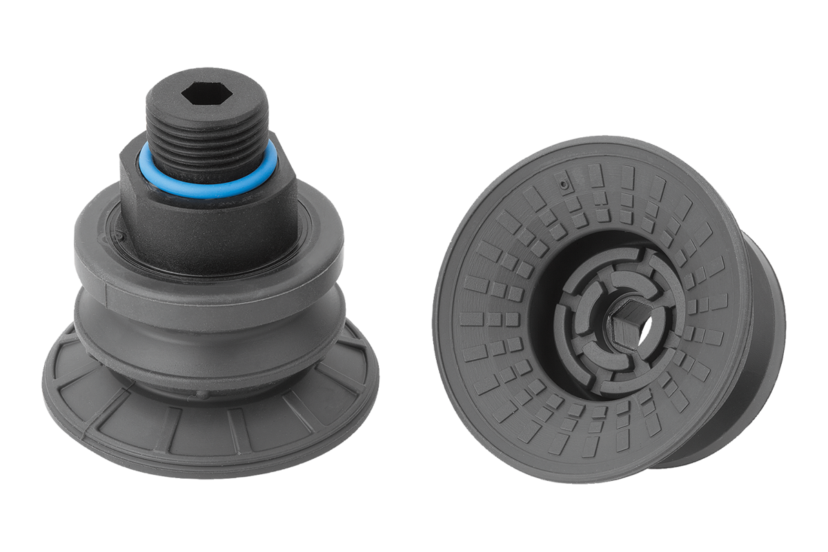 Bellows suction cups, round, 1.5 folds with integrated fasteners
