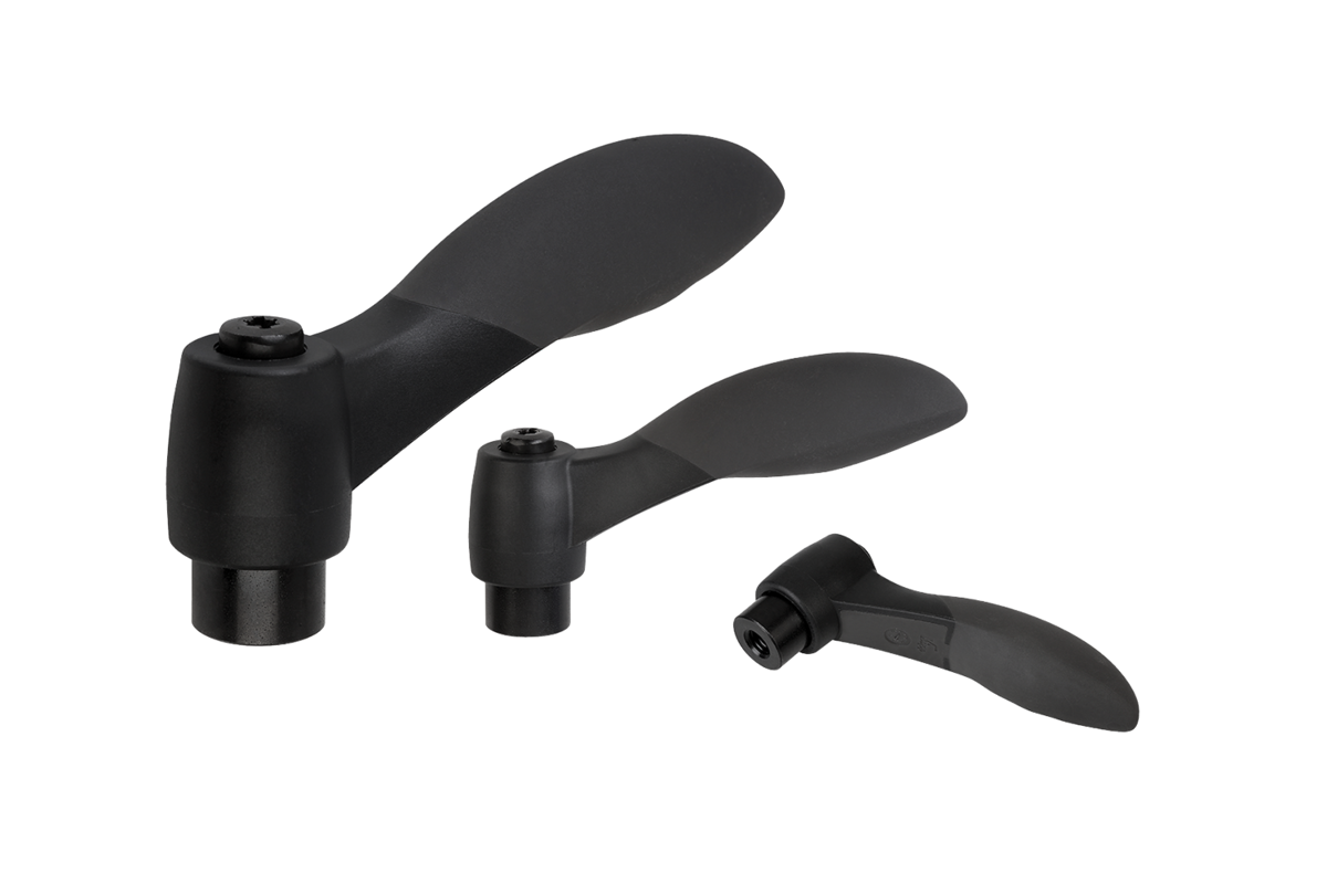 Clamping levers 2K with internal thread, threaded insert black oxidised steel