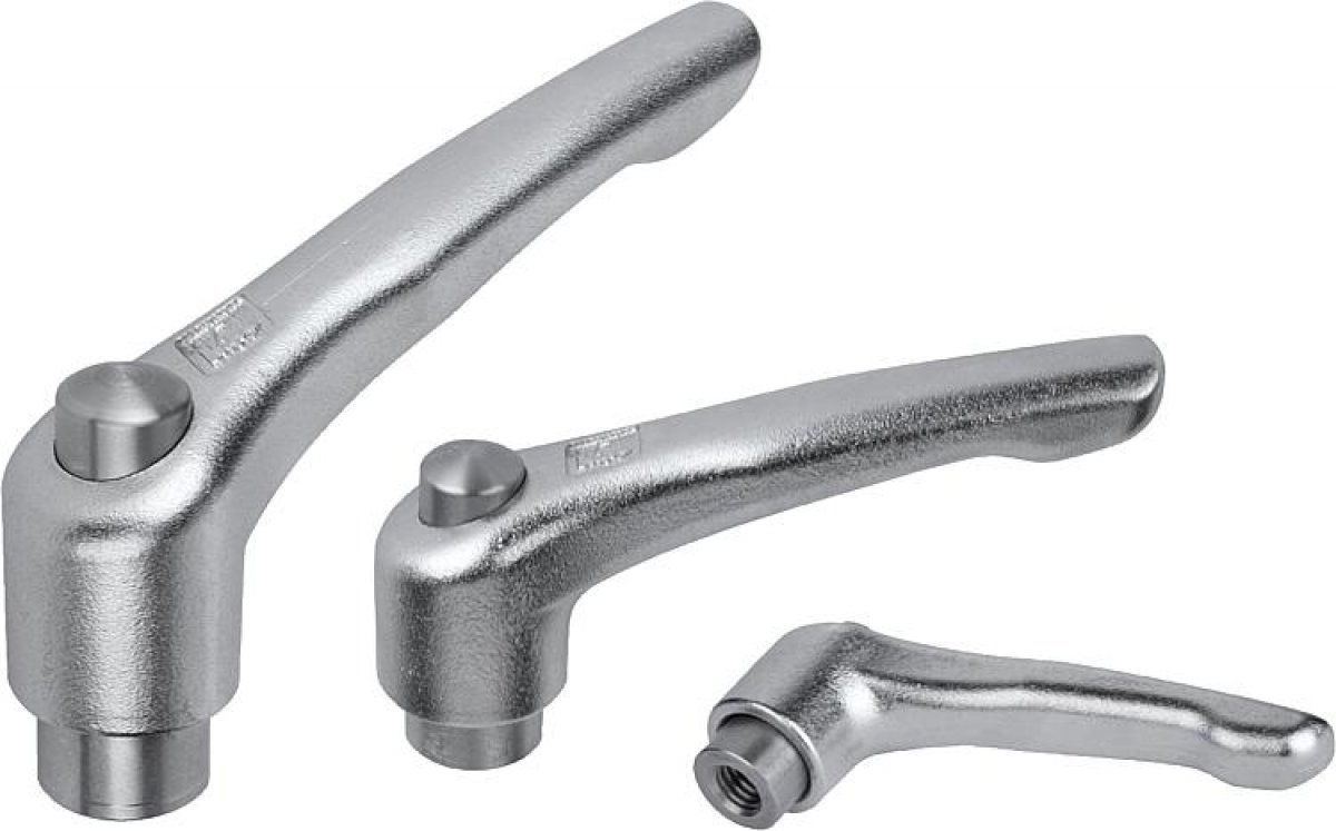 Clamping levers with protective cap with internal thread, stainless steel