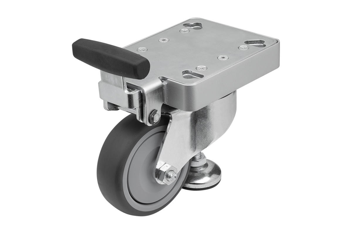 Elevating castors with integrated machine foot for aluminium profiles