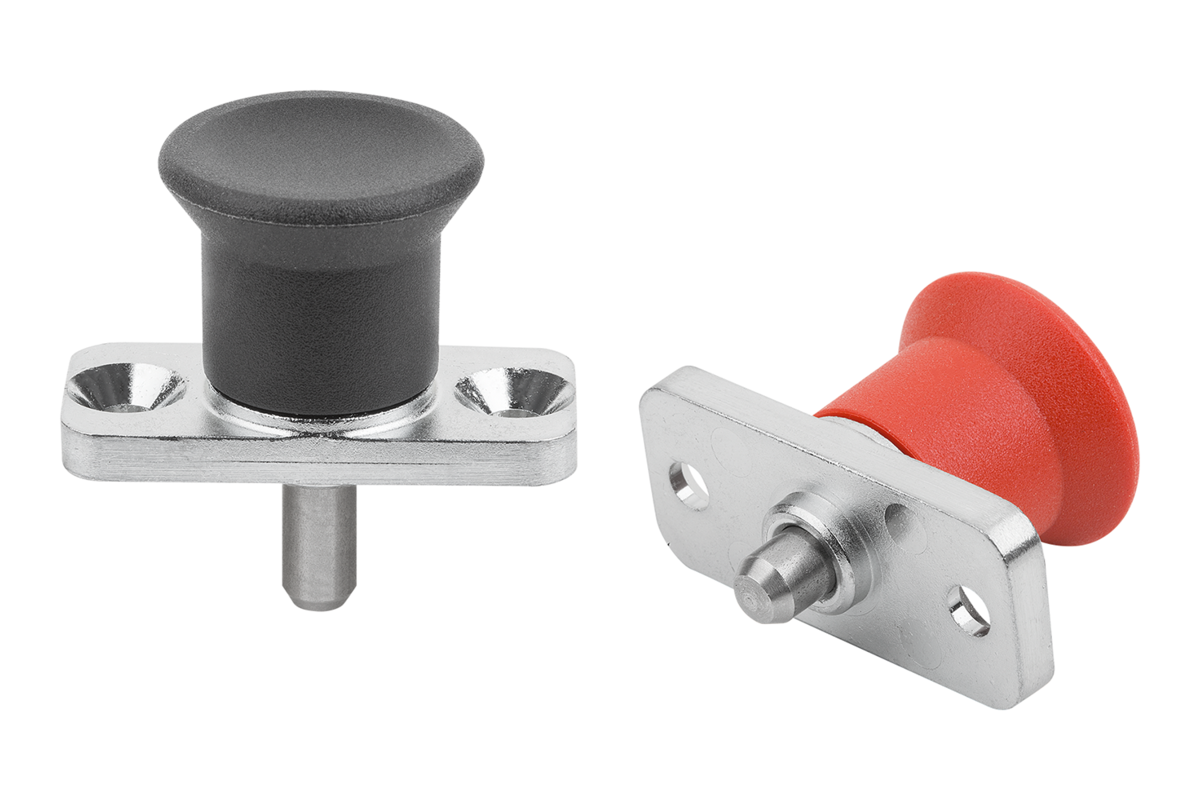 Indexing plunger mini, die-cast zinc with plastic mushroom grip and mounting fla