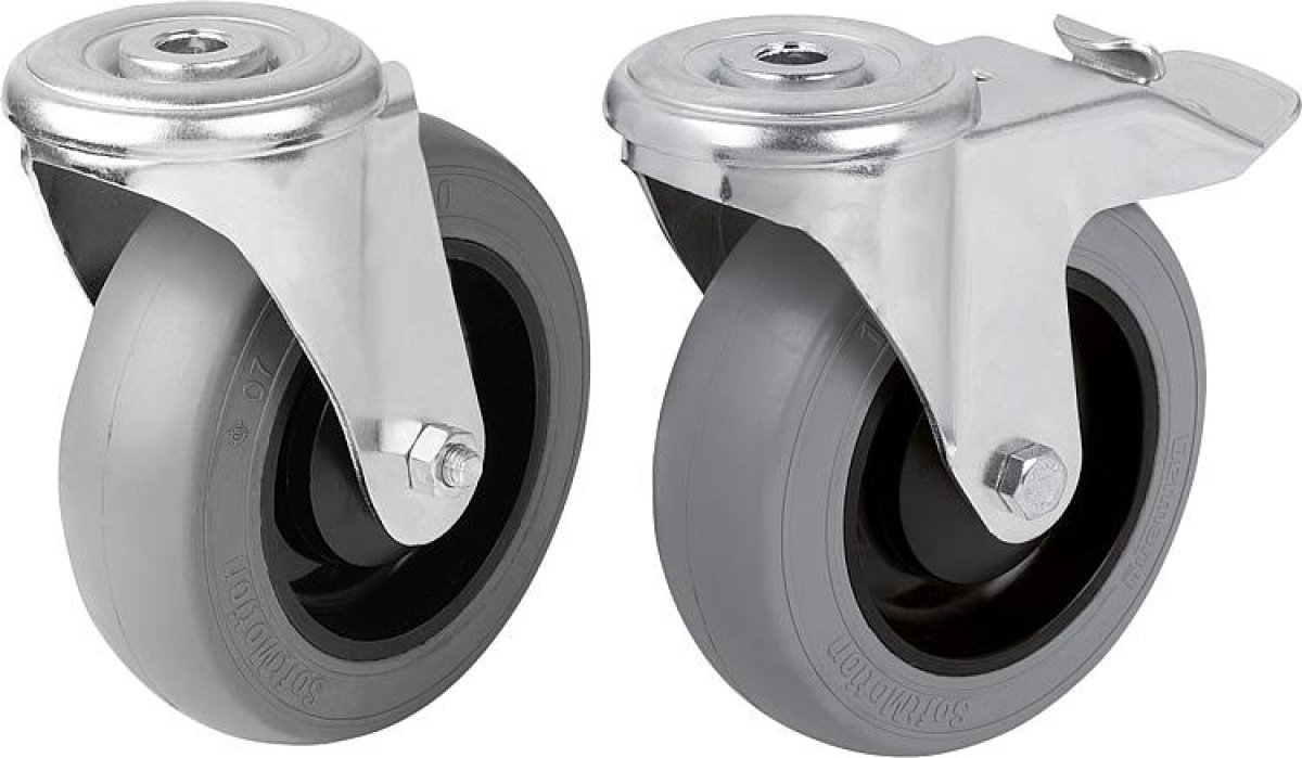 Steel plate swivel and fixed castors with soft rubber tyres