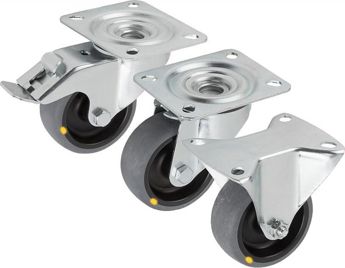 Swivel and fixed castors, steel plate, electrically conductive standard version